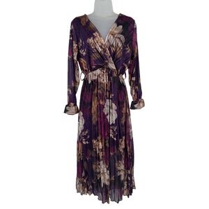 New Collection Italy Purple Floral Pleated Metallic Maxi Dress Long Sleeve Wrap